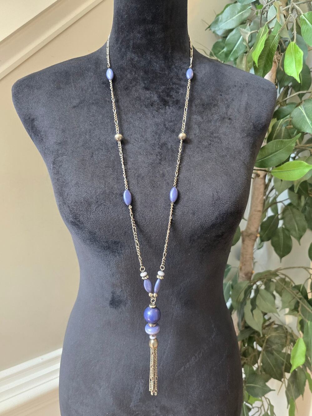 Purple Blue Beaded Long Gold Tone Chain Tassel Pendant Necklace
